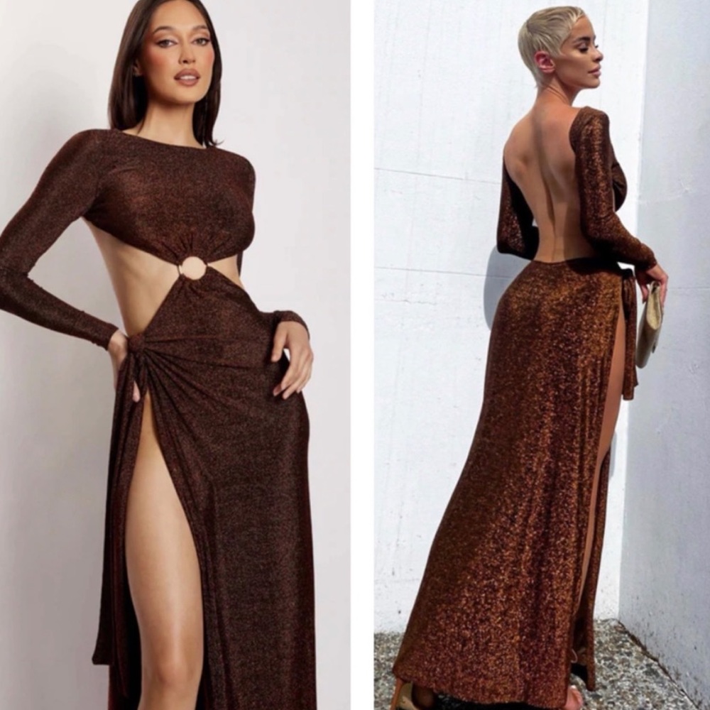 MESHKI Christina Brown Gold Backless Long Sleeve Maxi Wrap Dress| Blogge… - Picture 4 of 10